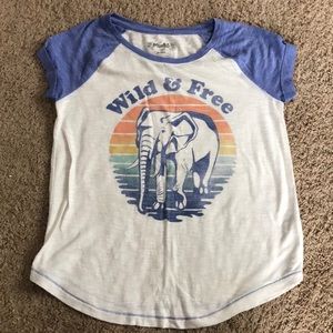 White graphic tee with blue sleeves